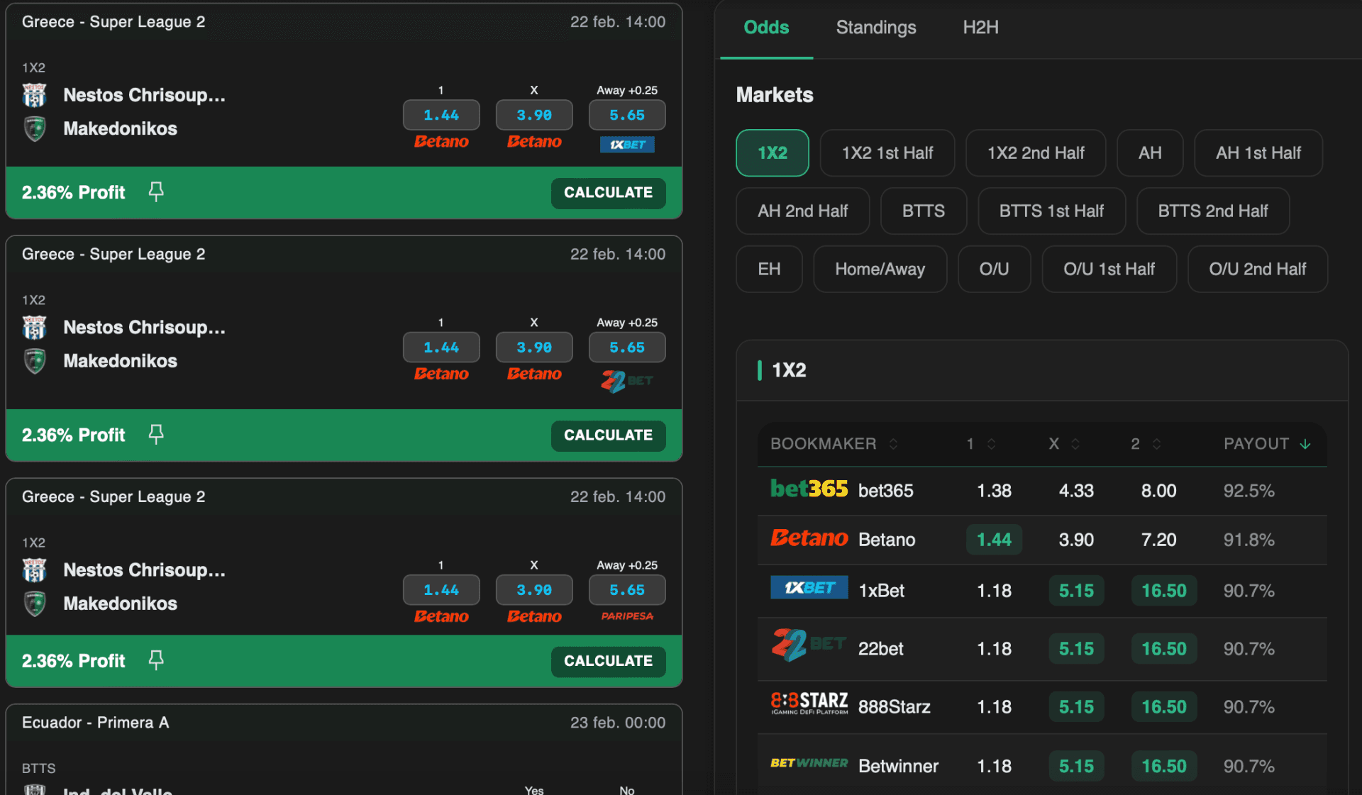 OddsUpdates Surebets Scanner showing live arbitrage opportunities with profit percentages and odds comparison