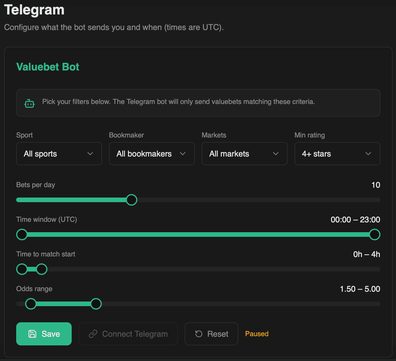 Telegram bot configuration interface